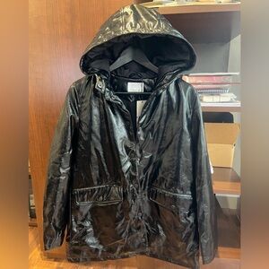 NWT Girls Zara Shiny Black Hooded Trench Coat Warm Lining Snap Closure Sz 13-14